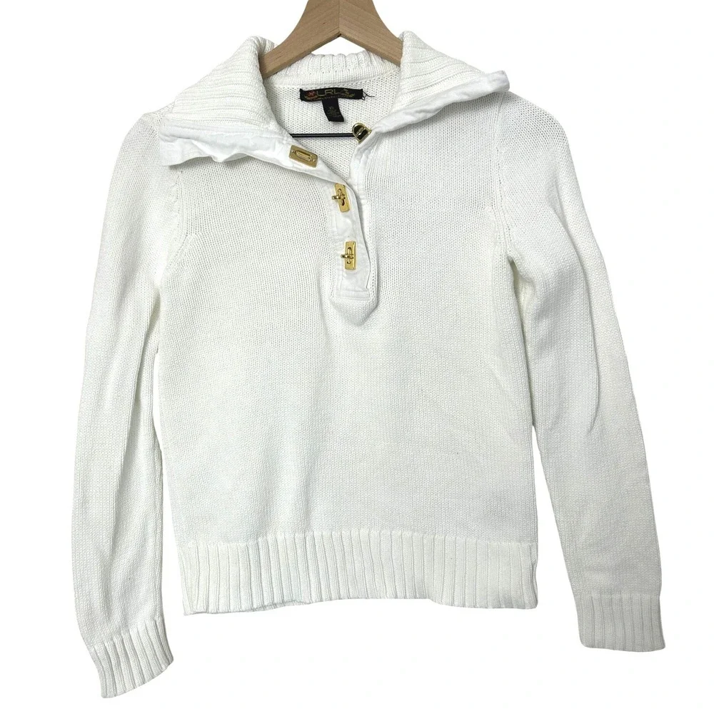 Lauren Ralph Lauren Sweater XS White Cotton Gold Hardware old money equestrian